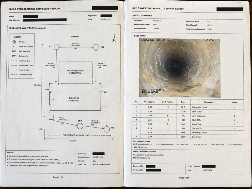 Build over survey report showing a drainage drawing beside a coded defect entry and still image
