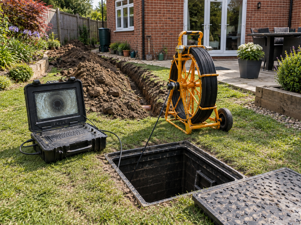 Drain camera reel and monitor set up beside an open inspection chamber at a house