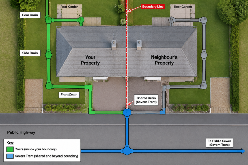 Diagram showing drainage responsibility at a semi-detached property, with pipework inside the boundary owned by the homeowner and shared and external pipework owned by the water company